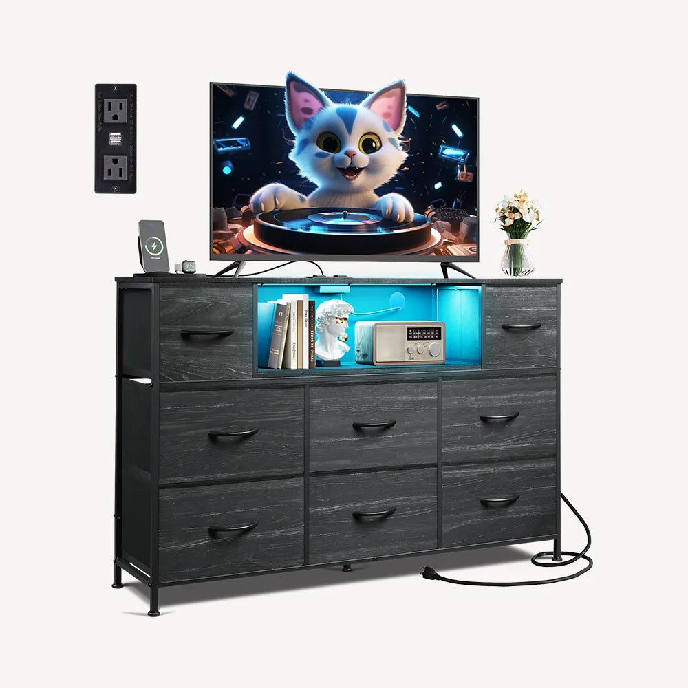 WLIVE 8-drawer fabric dresser TV stand in charcoal black wood grain