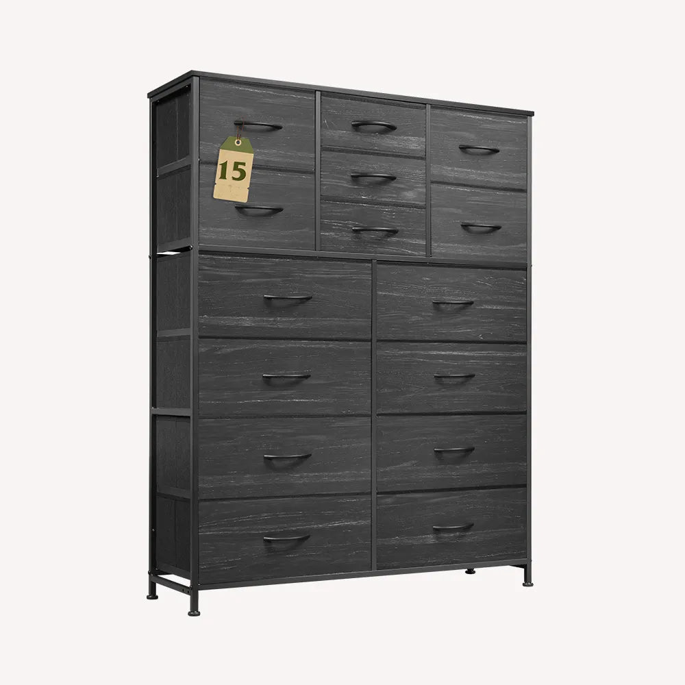 WLIVE Charcoal Black Wood Grain Extra Large Storage Tall 15-Drawer Fabric Dresser