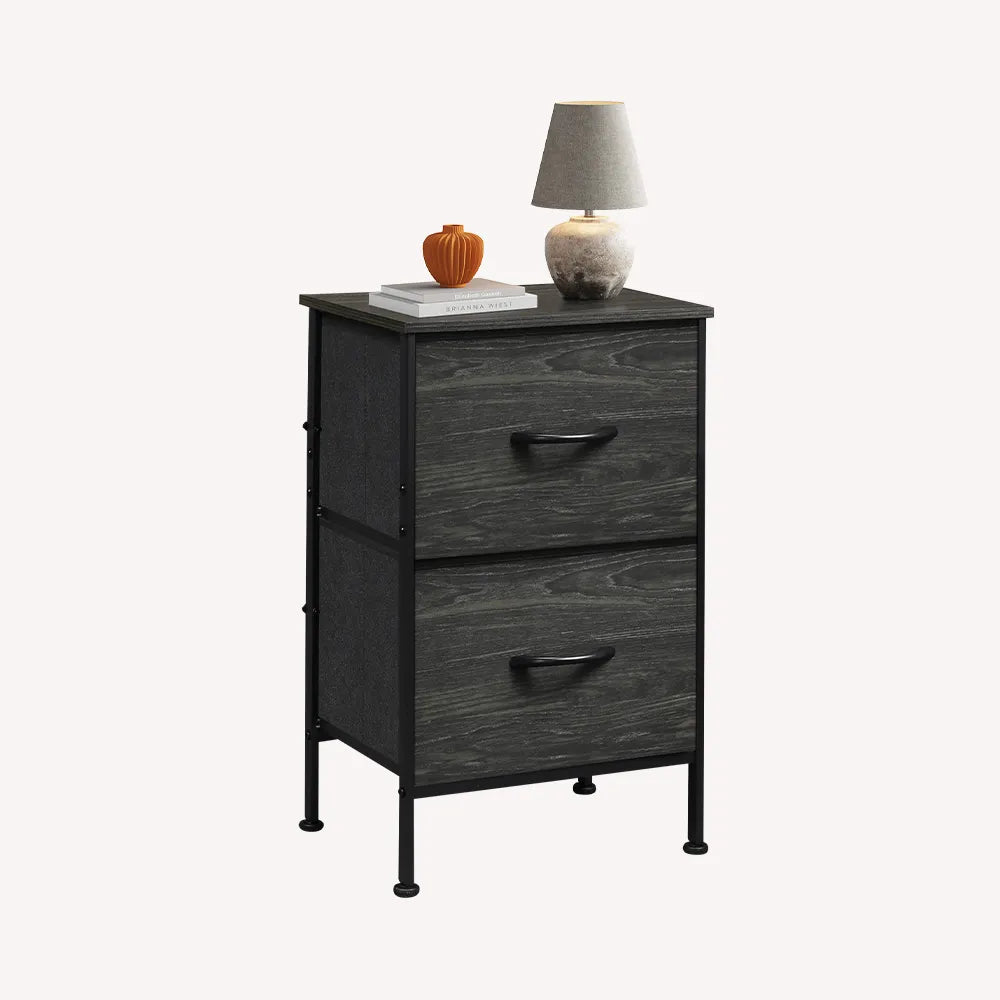 Charcoal black wood grain print 2-drawer fabric storage nightstand