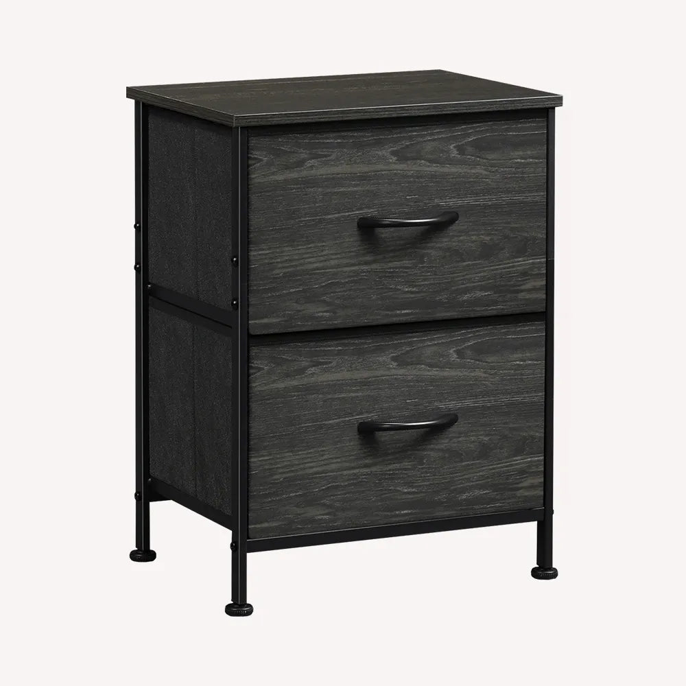 Charcoal black wood grain print 2-drawer fabric storage nightstand