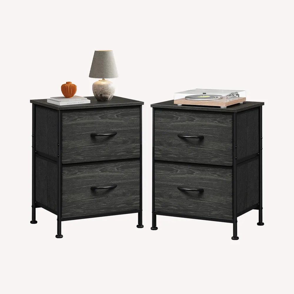 Charcoal black wood grain print minimalist small fabric 2-drawer nightstands set of 2
