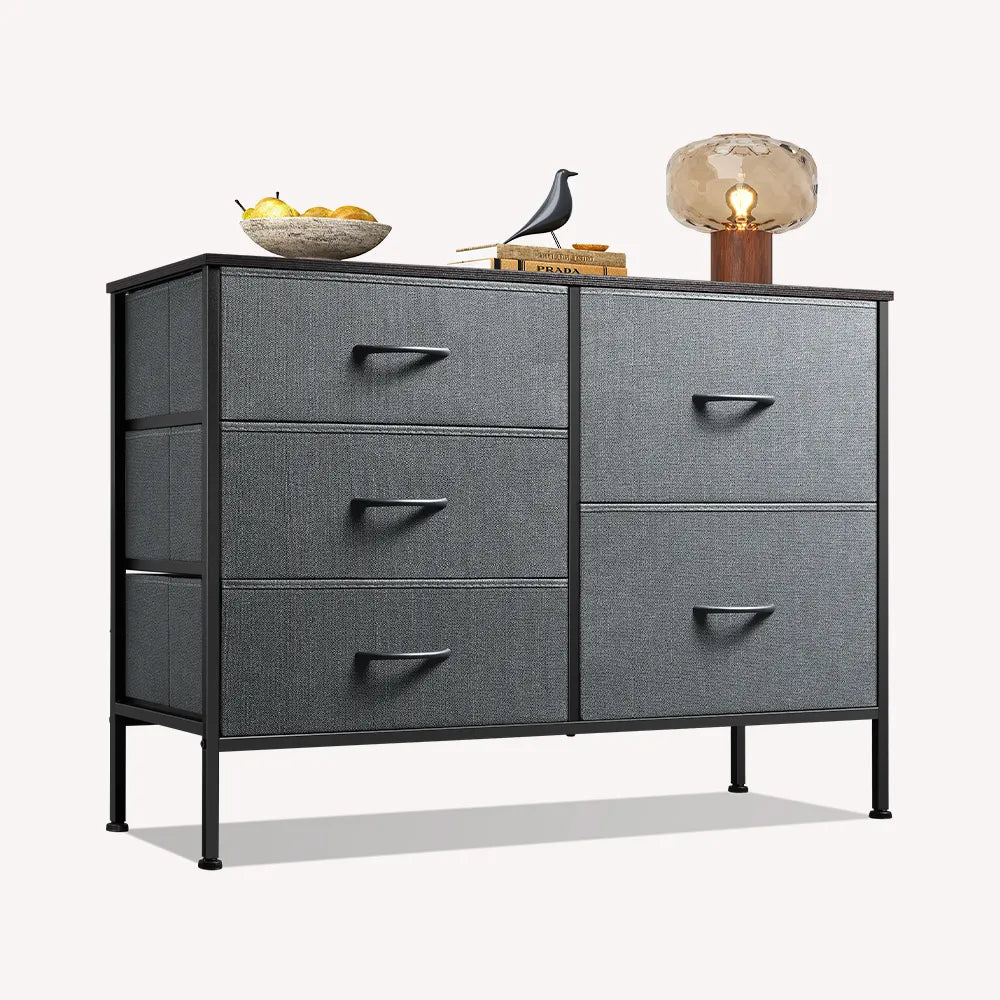 Dark grey minimalist fabric 5-drawer large storage dresser