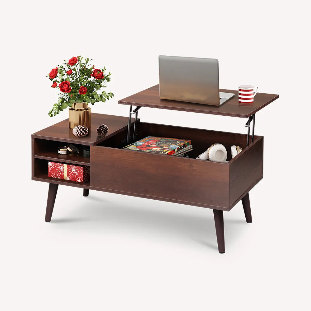Espresso WLIVE Mid Century Modern Wood Lift Top Coffee Table with bookshelves