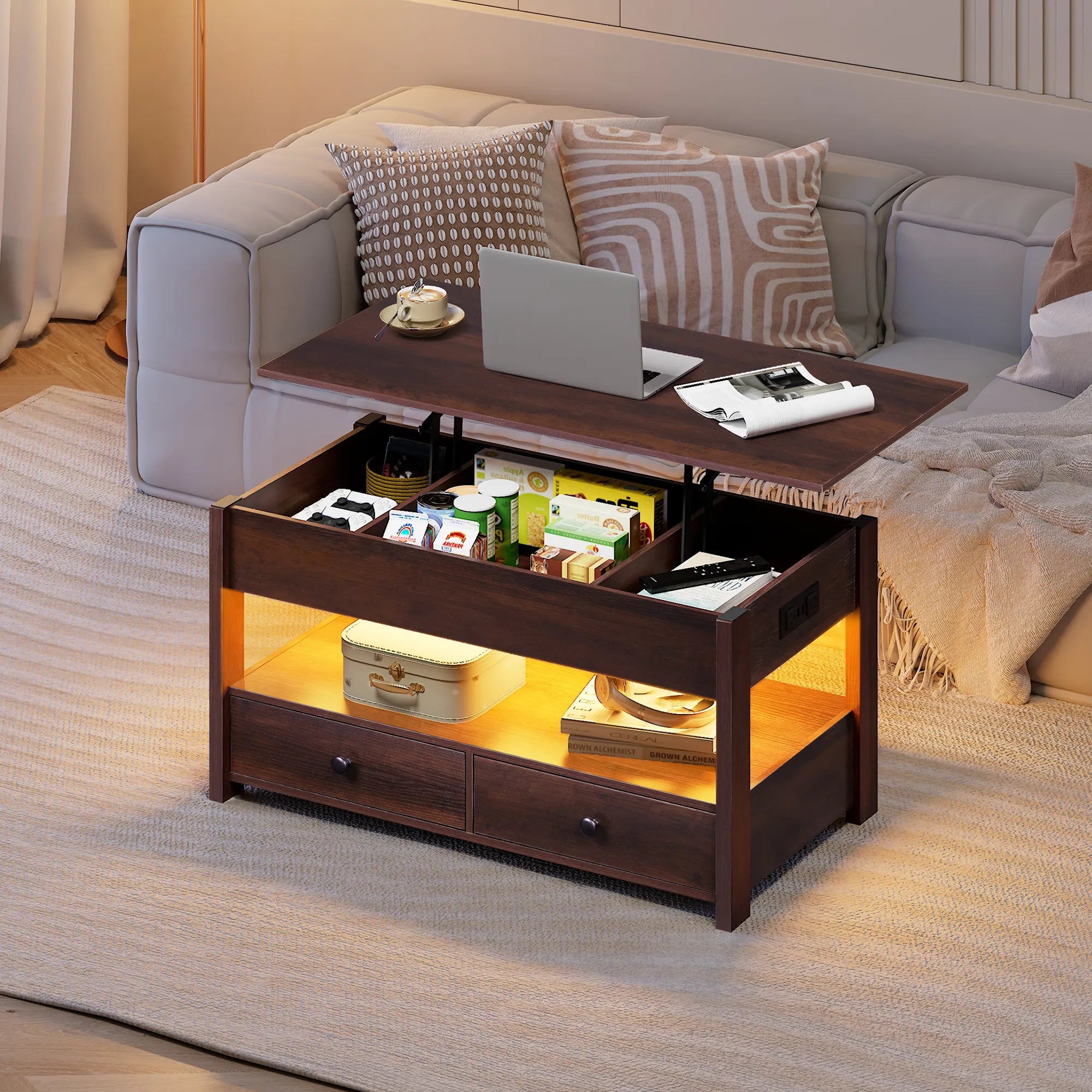 WLIVE Lift Top Coffee Table with 2 Drawers and LED light