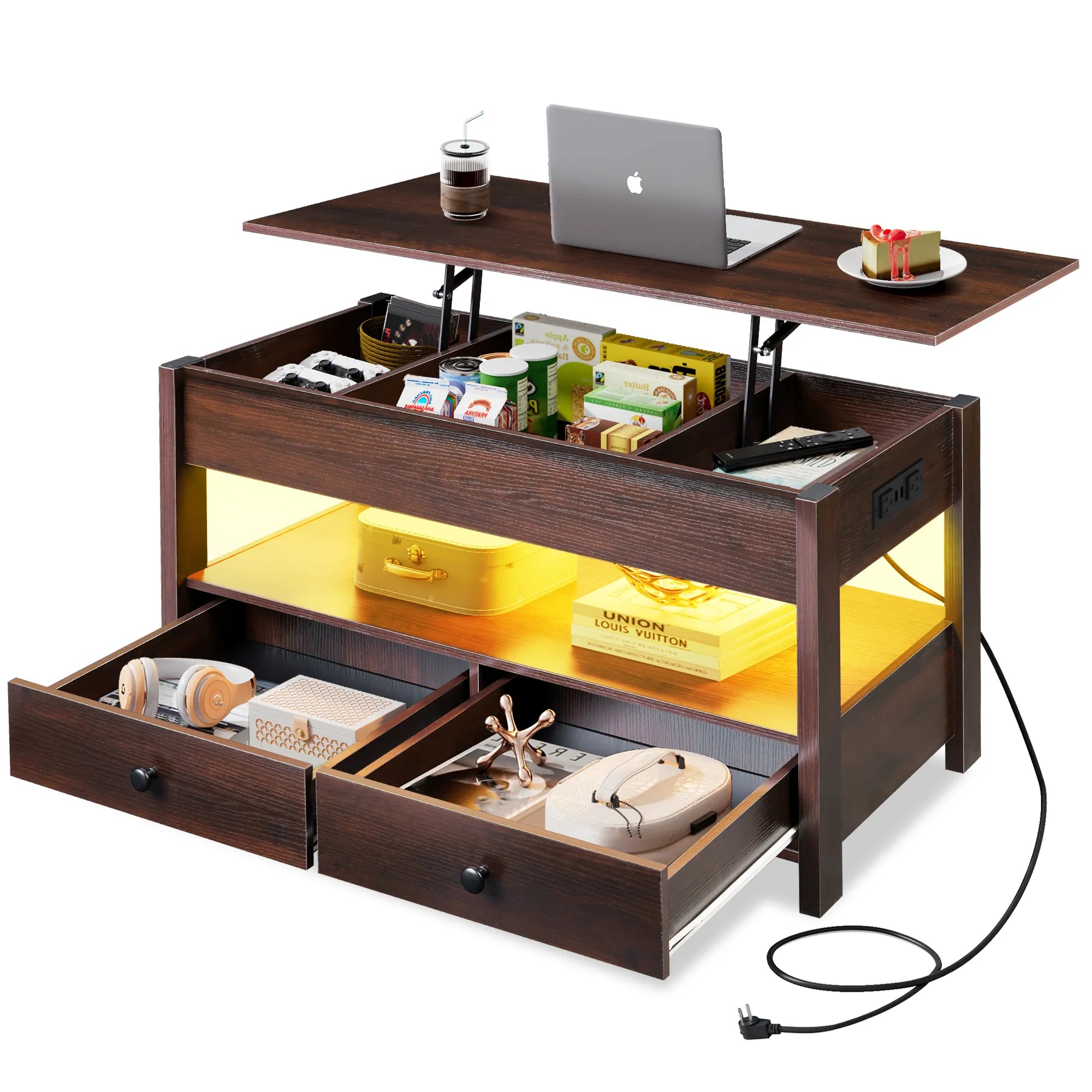 WLIVE Lift Top Coffee Table with 2 Drawers and LED light