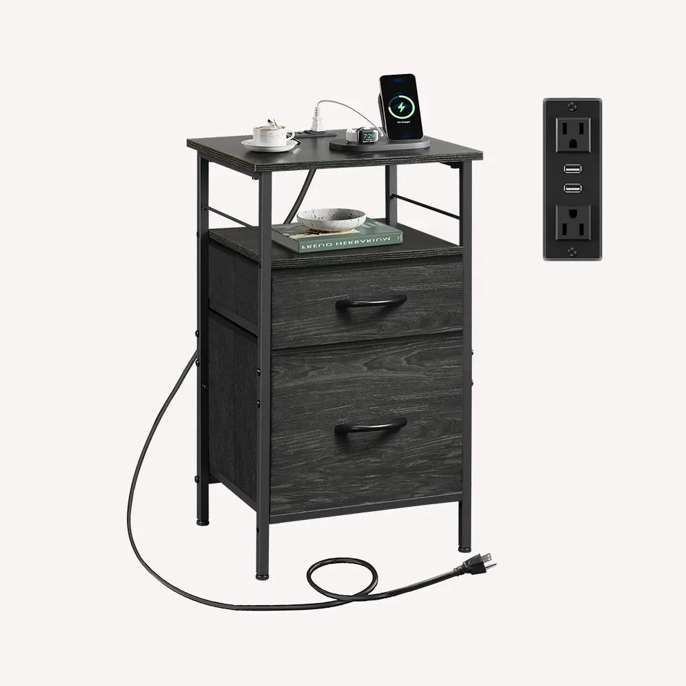 WLIVE Fabric Drawer Nightstand with Charging Station Set of 2