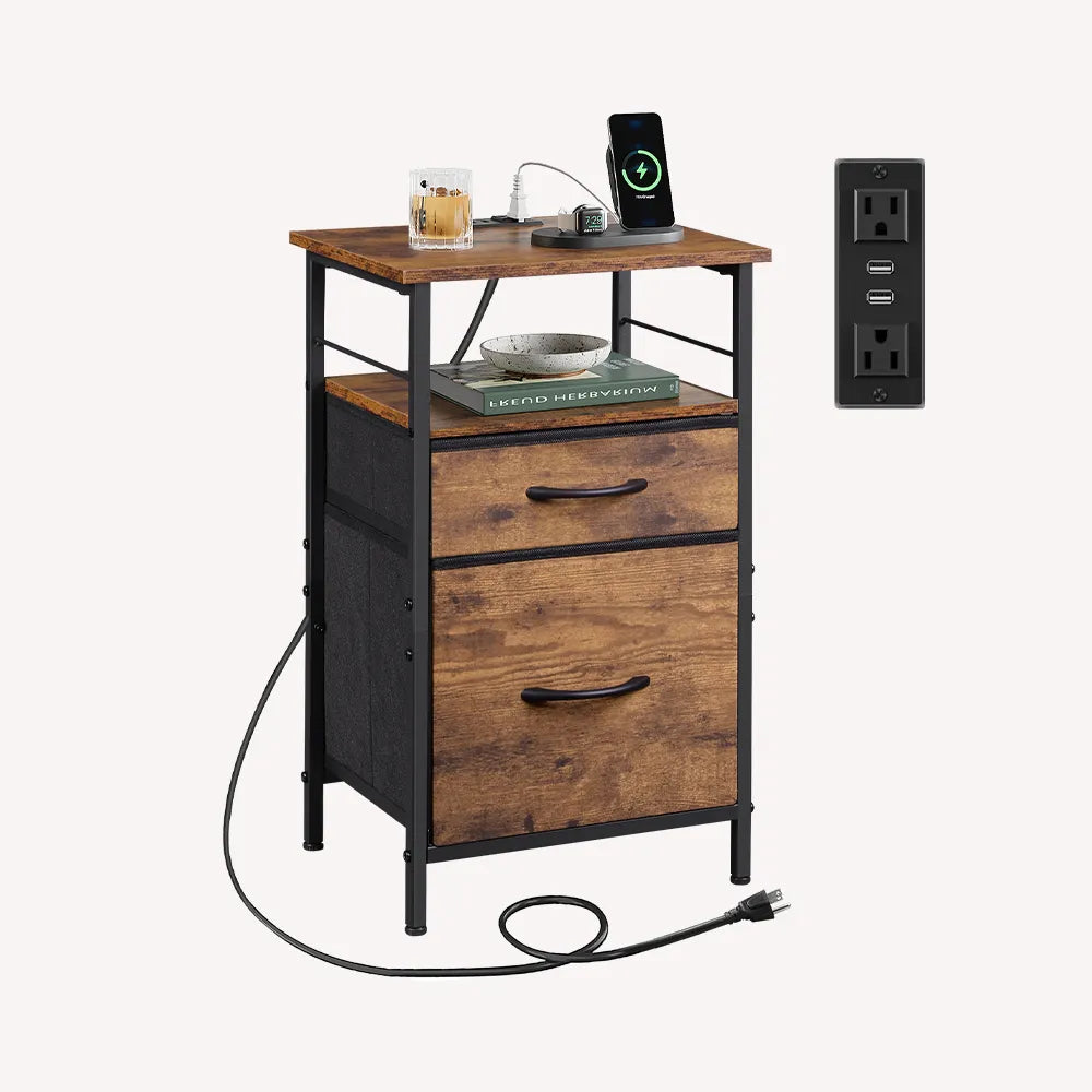 WLIVE Fabric Drawer Nightstand with Charging Station Set of 2