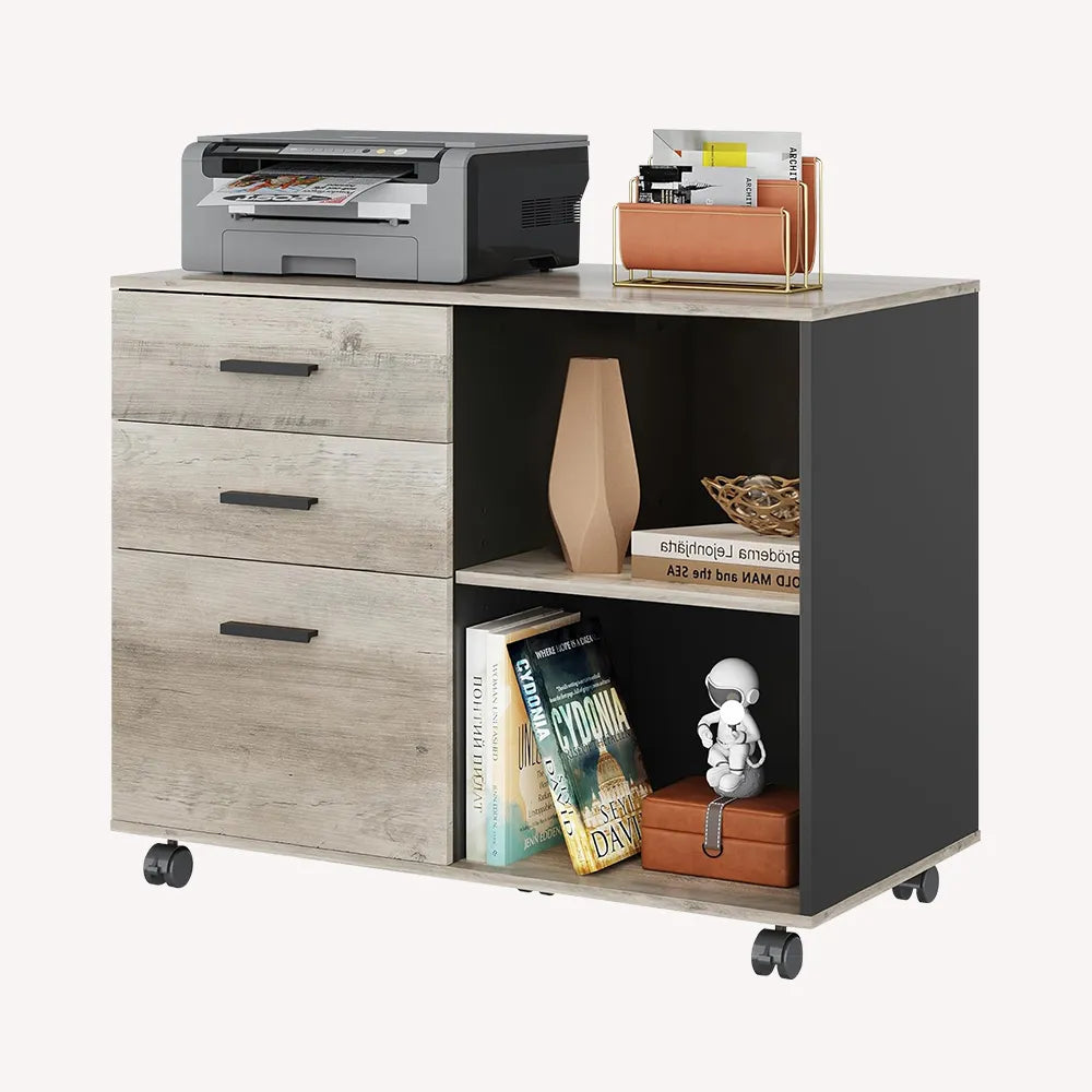 Greige 3-drawer wood file cabinet with open storage shelves
