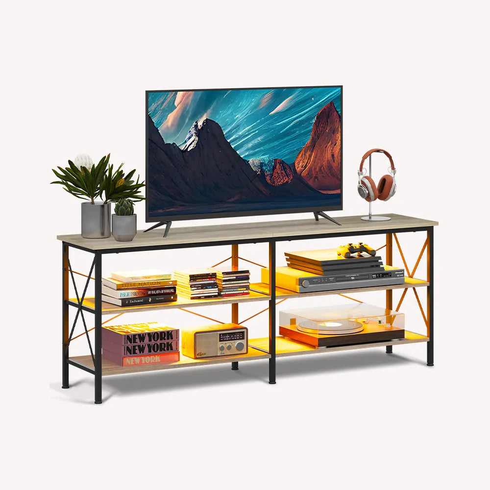 WLIVE Industrial 3-Tier Shelves LED TV Stand for TVs up to 70'' in Greige