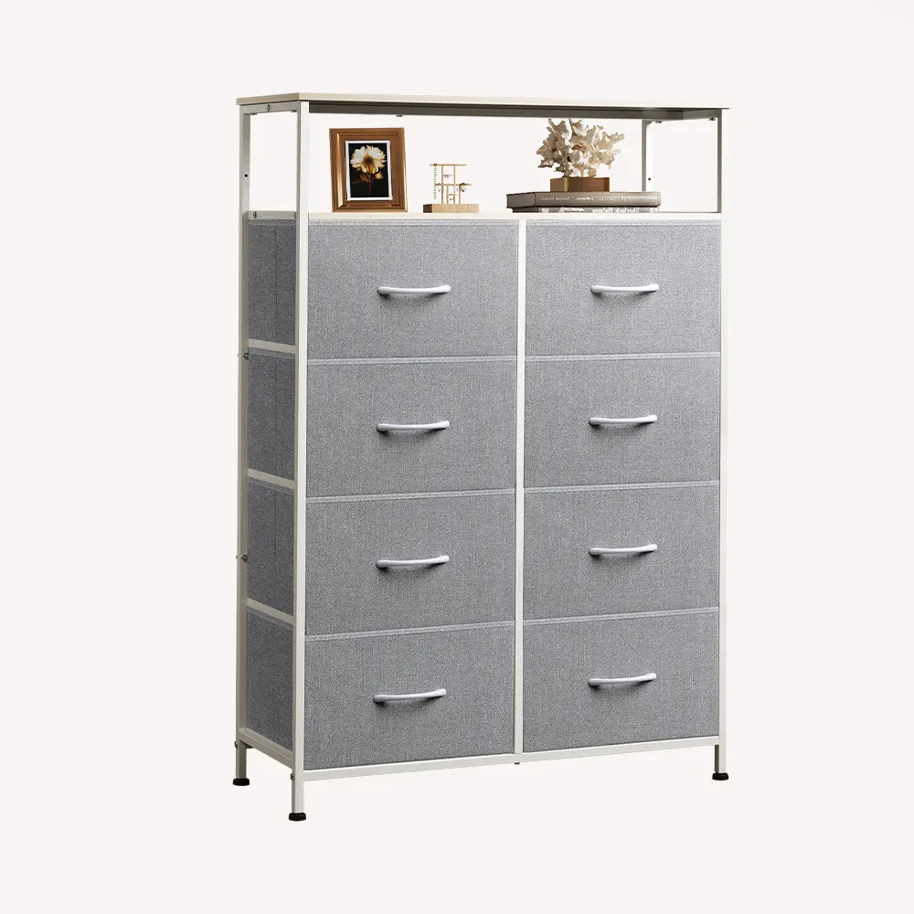 Light grey tall 8-drawer fabric storage dresser with open shelves