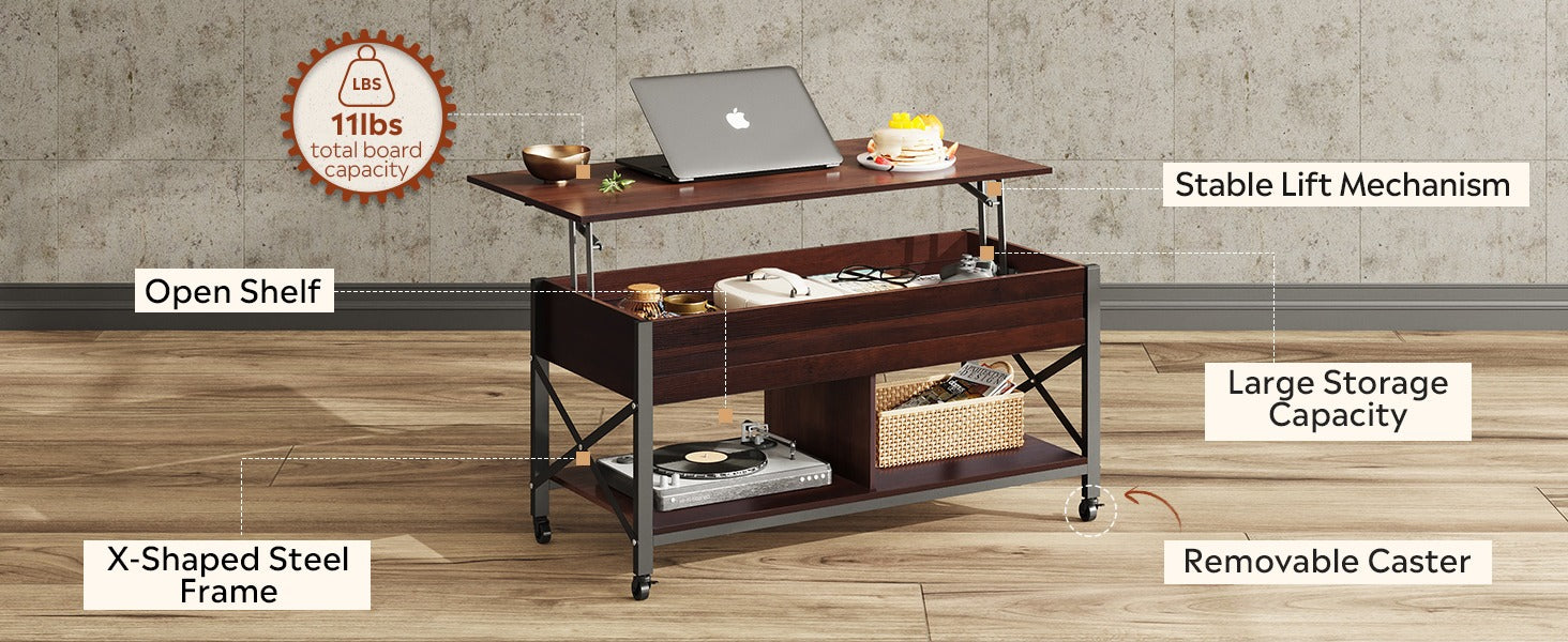 WLIVE Mid-Century Modern Lift Top Coffee Table with Wheels - WLIVE
