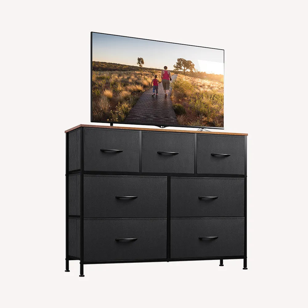 WLIVE Minimalist Fabric 7-Drawer Large Storage Dresser TV Stand in Black and Rustic Brown
