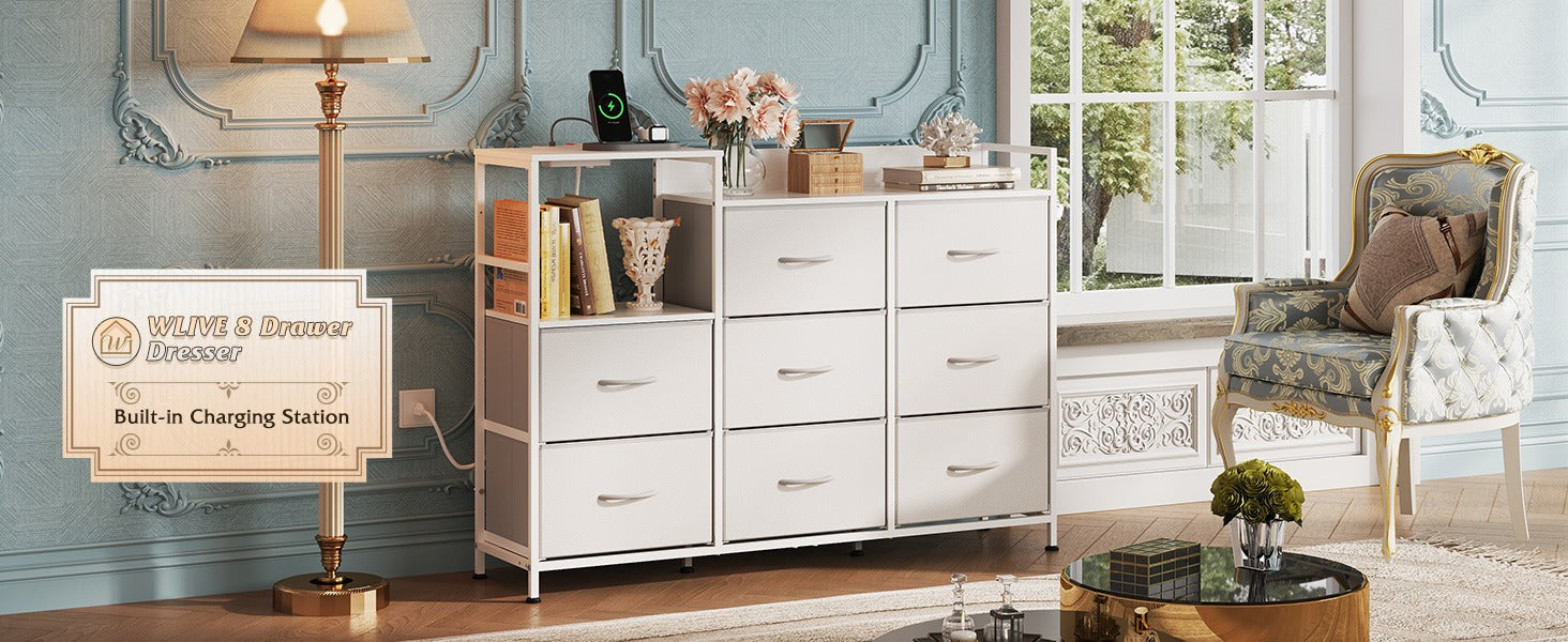 WLIVE Minimalist Three-column 8-Drawer Large Fabric Dresser