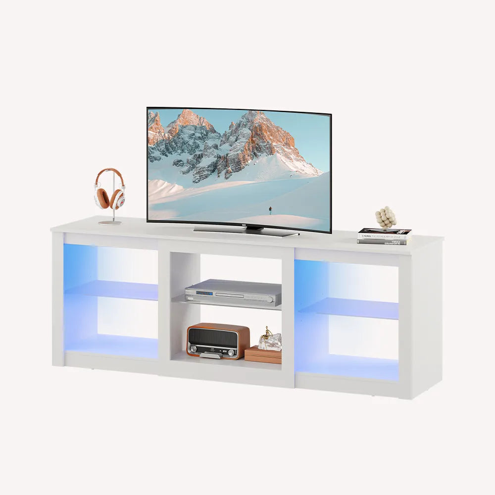 WLIVE Modern Storage LED TV Stand with Glass Shelves in White