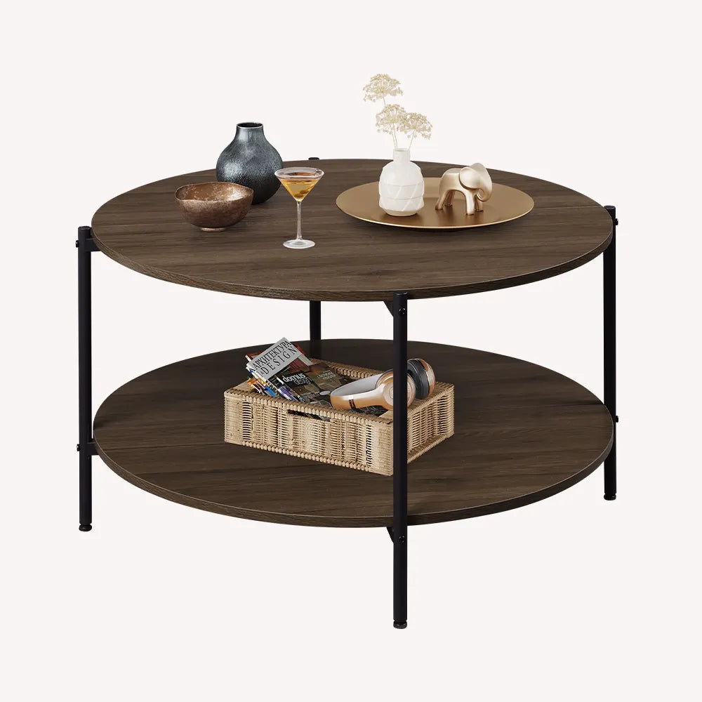 WLIVE round industrial coffee table with storage in brown walnut