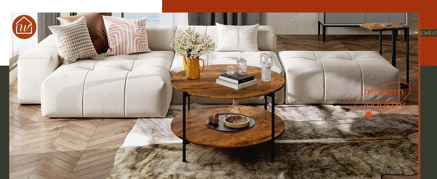 WLIVE Round Industrial Wood Coffee Table with Open Storage