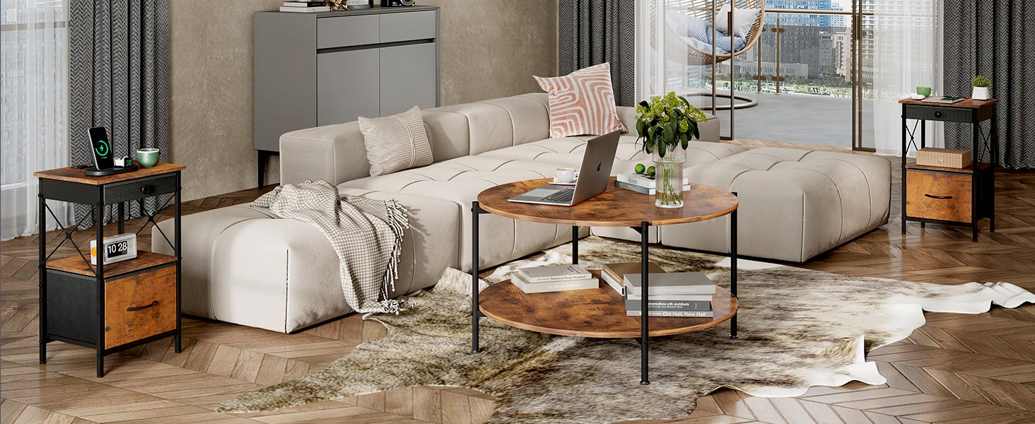 WLIVE Round Industrial Wood Coffee Table with Open Storage