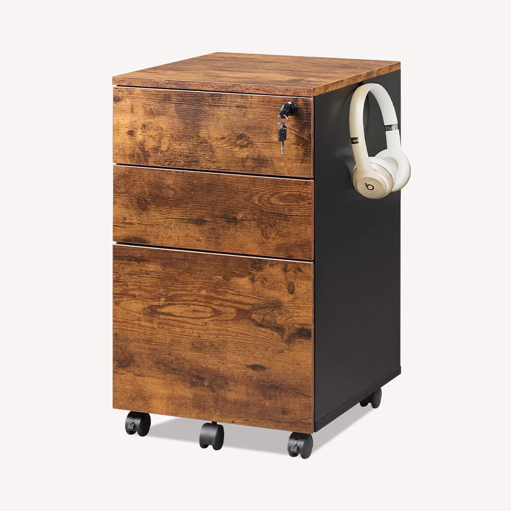 Rustic brown 3-drawer small rolling filing cabinet with lock