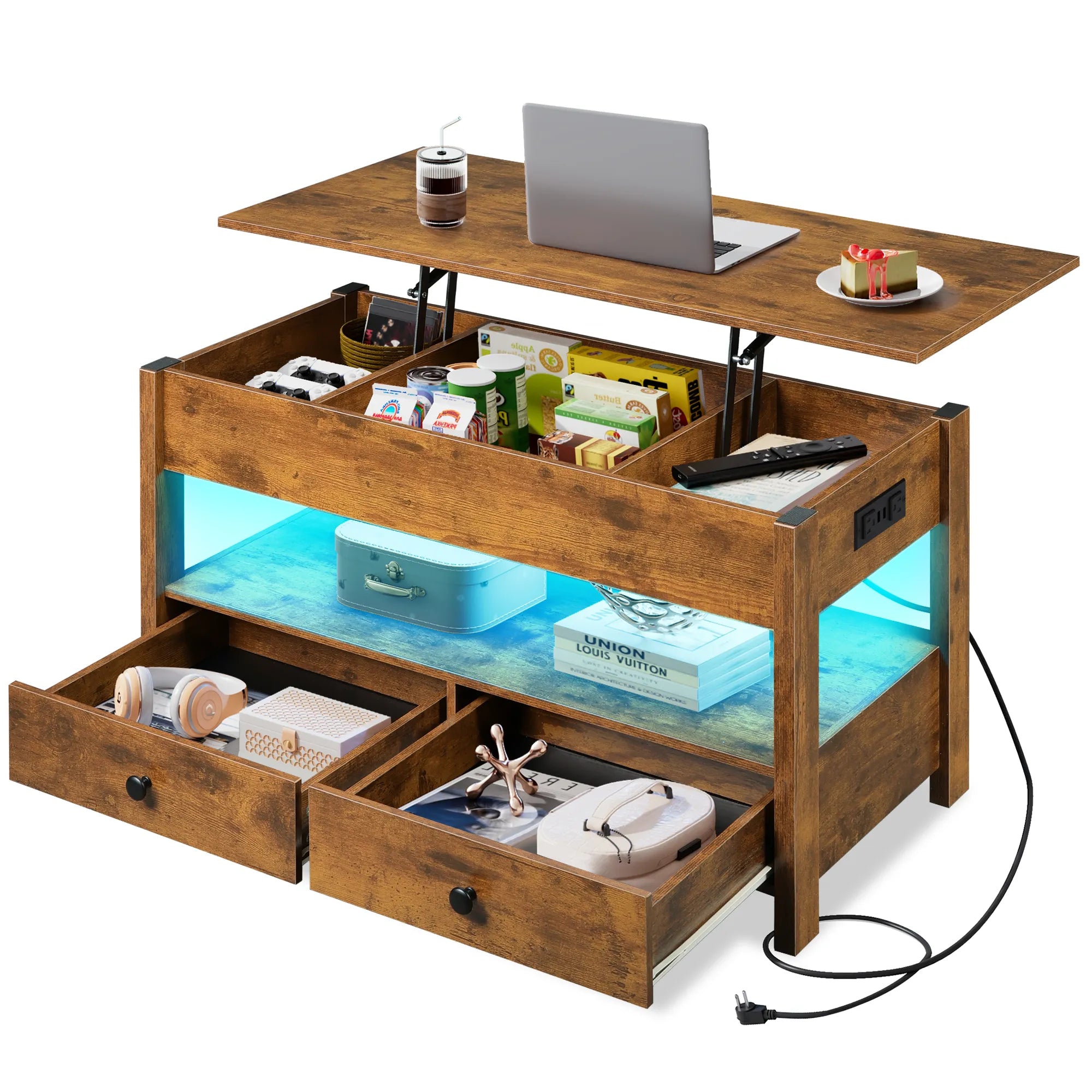WLIVE Lift Top Coffee Table with 2 Drawers and LED light