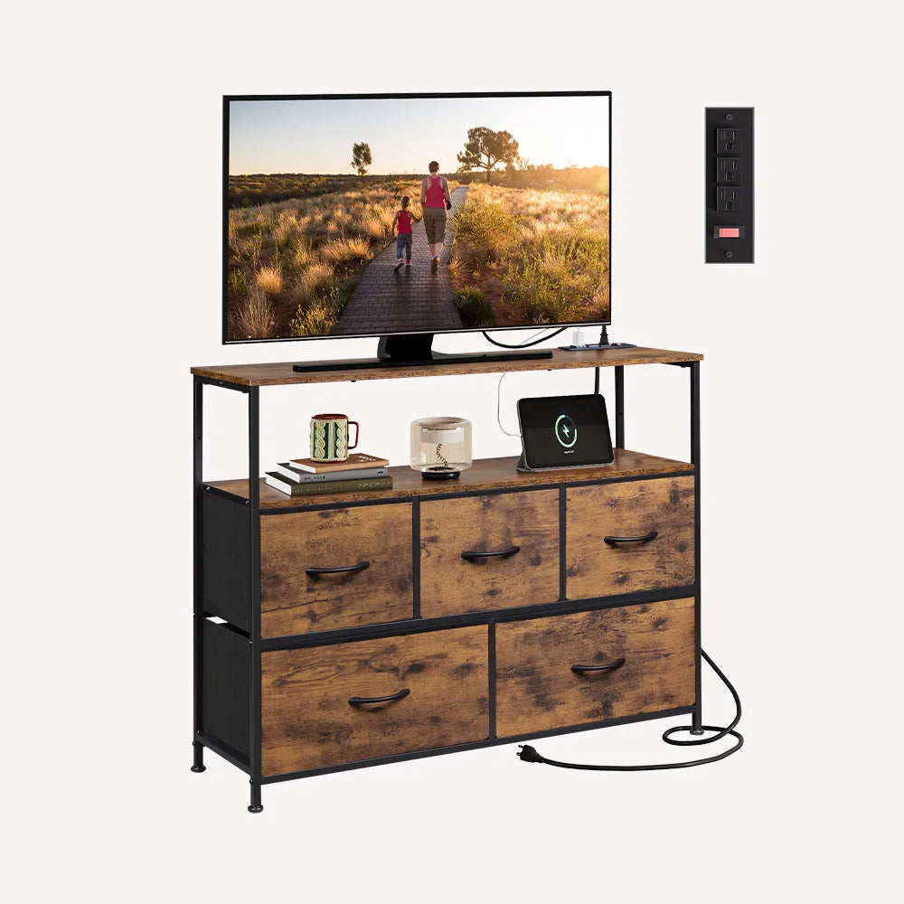 WLIVE rustic brown wood grain 5-drawer fabric dresser TV stand with open shelves