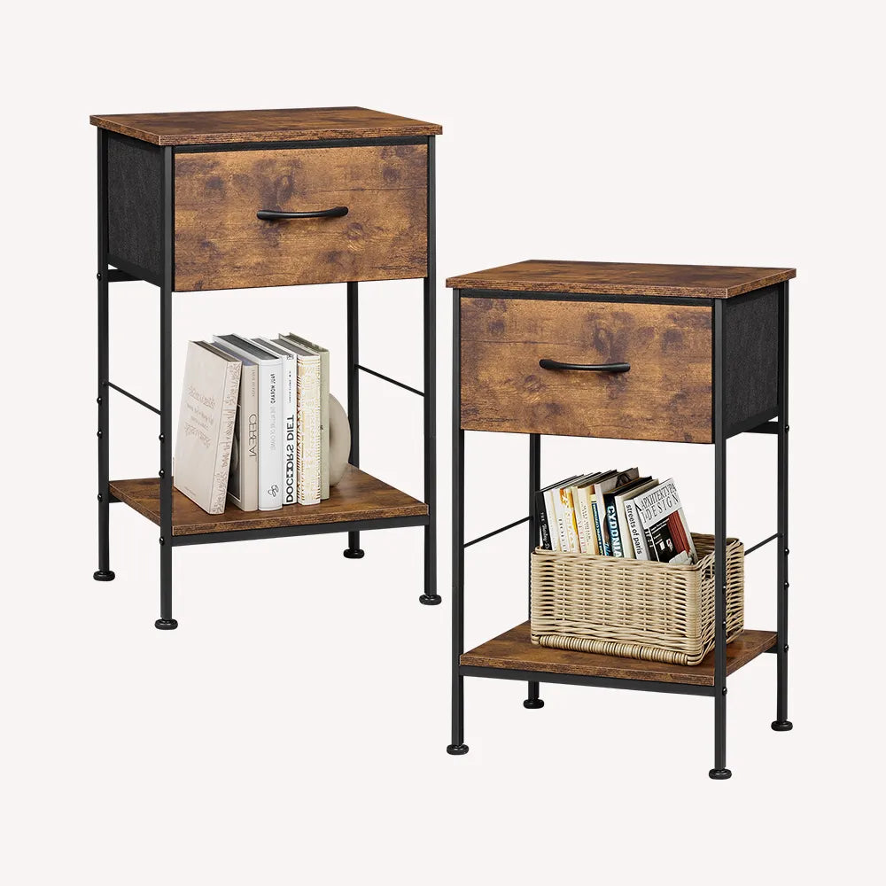 Rustic brown wood grain print 1-drawer fabric storage nightstand set of 2