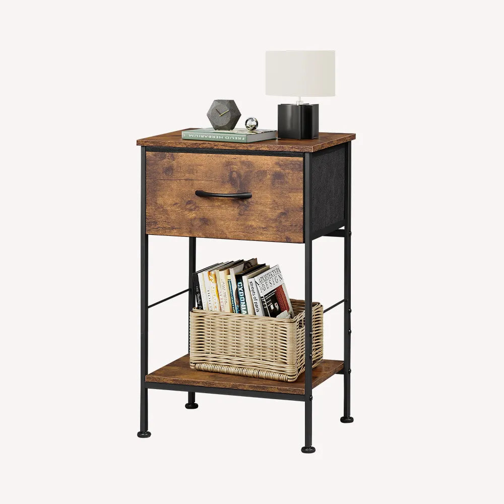 Rustic brown wood grain print 1-drawer fabric storage nightstand