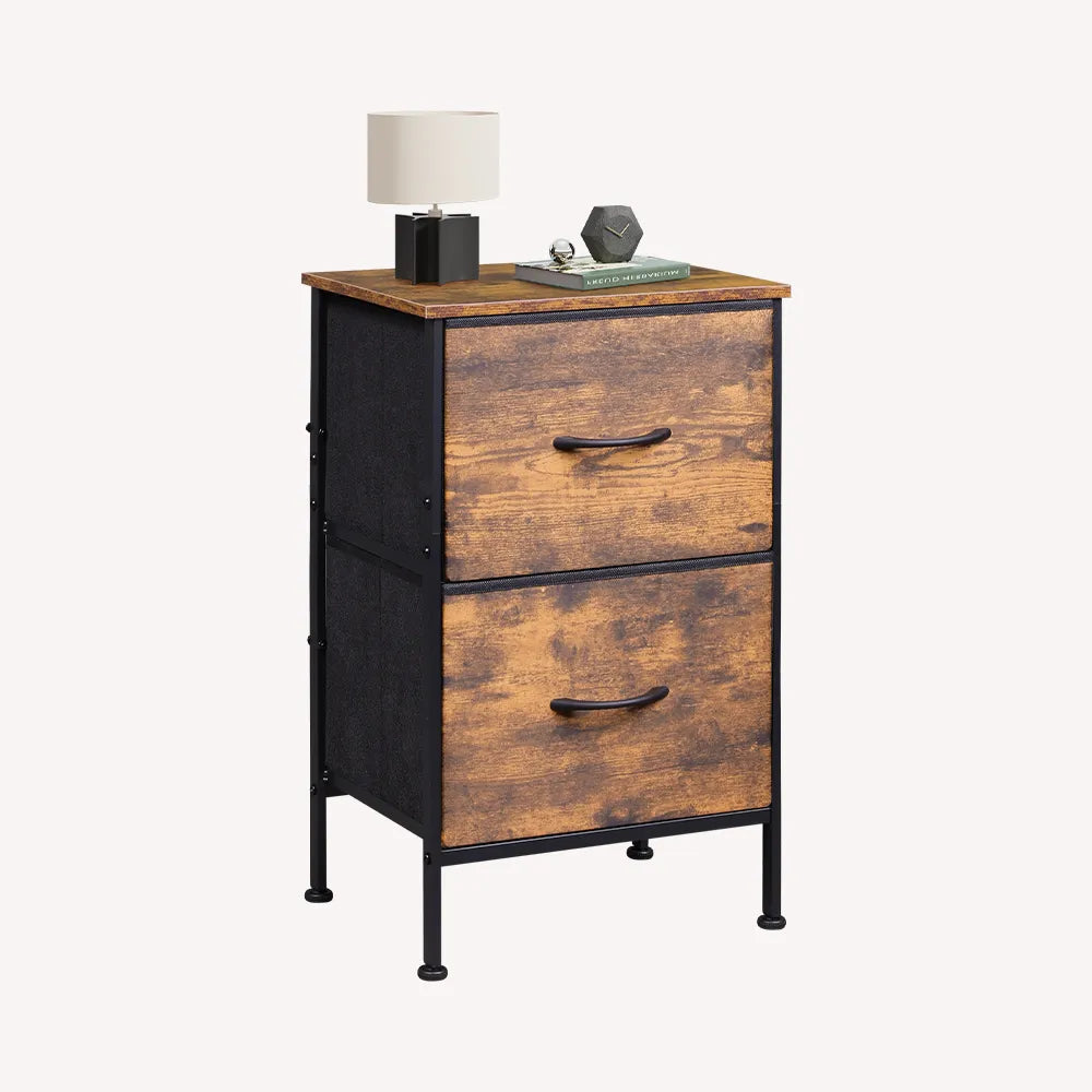 Rustic brown wood grain print 2-drawer fabric storage nightstand