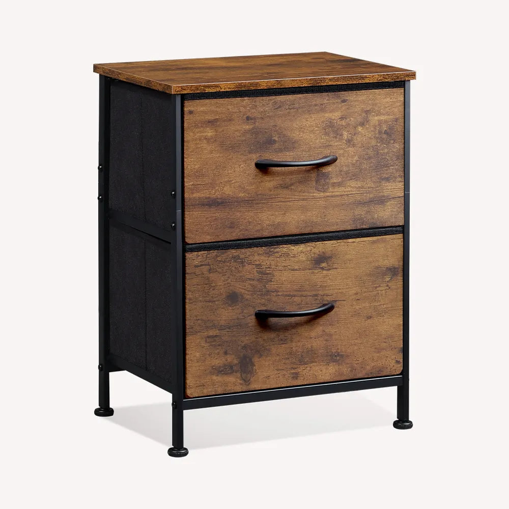 Rustic brown wood grain print 2-drawer fabric storage nightstand