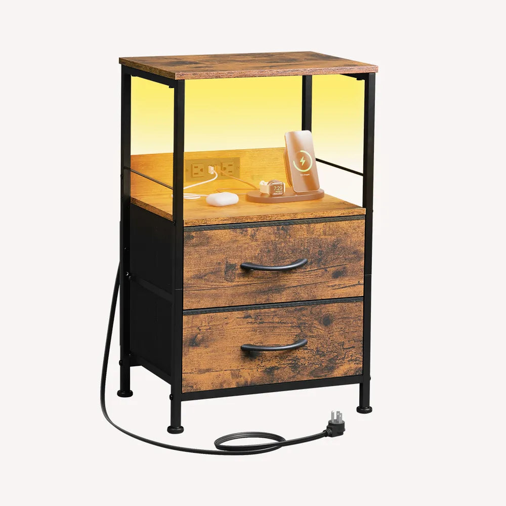 Rustic Brown Wood Grain Print WLIVE 3-Tier LED Storage Nightstand with Charging Station