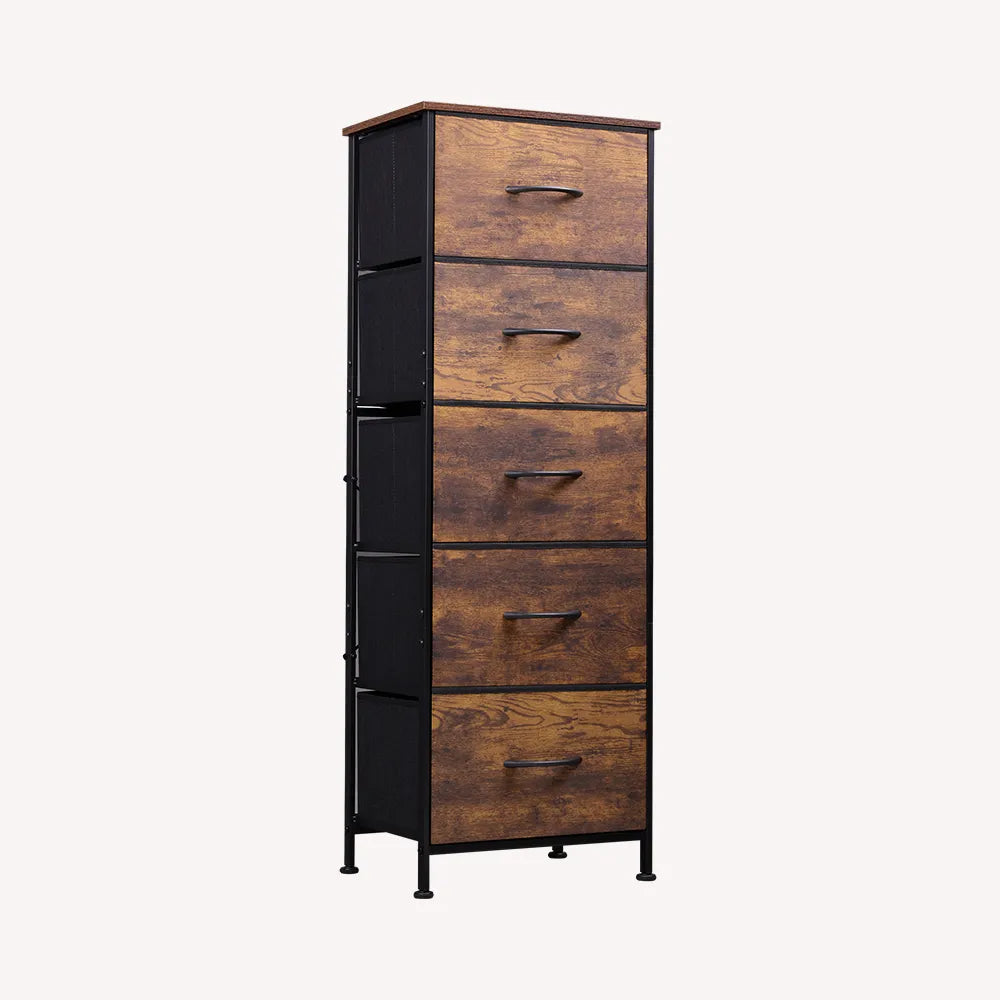 Rustic brown wood grain print 5-drawer fabric dresser chest