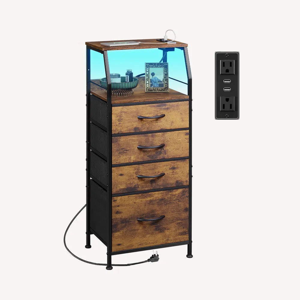 Rustic Brown Wood Grain Print WLIVE Fabric 4-Drawer LED Nightstand with Charging Station