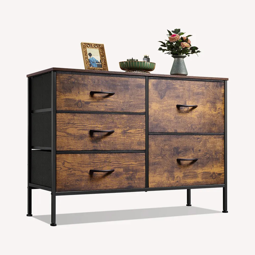 Rustic brown wood grain print minimalist fabric 5-drawer large storage dresser