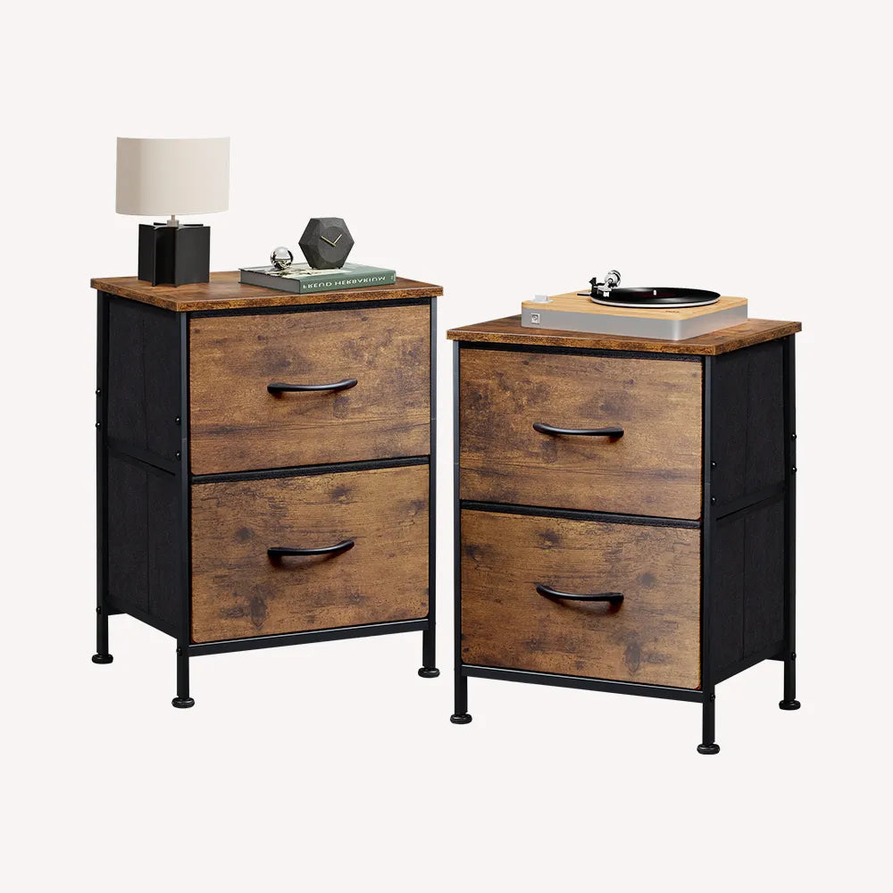 Rustic brown wood grain print minimalist small fabric 2-drawer nightstands set of 2