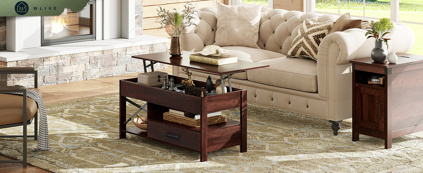 WLIVE Rustic Wood Lift Top Coffee Table with Storage Drawer