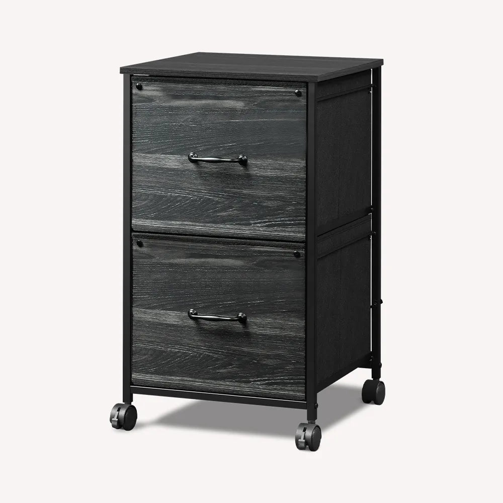 Vertical 2-drawer fabric mobile file cabinet in charcoal black wood grain print
