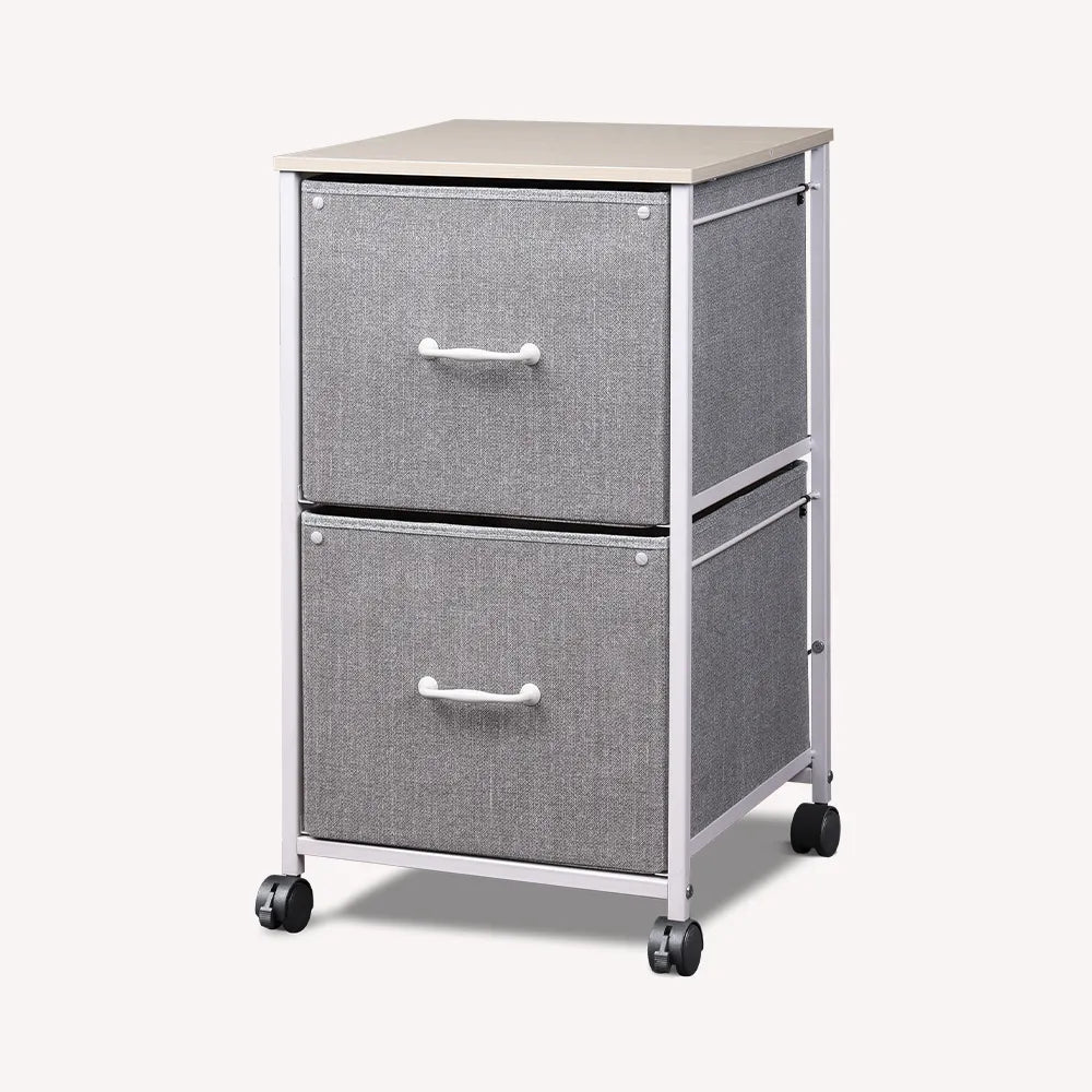 Vertical 2-drawer fabric mobile file cabinet in light grey