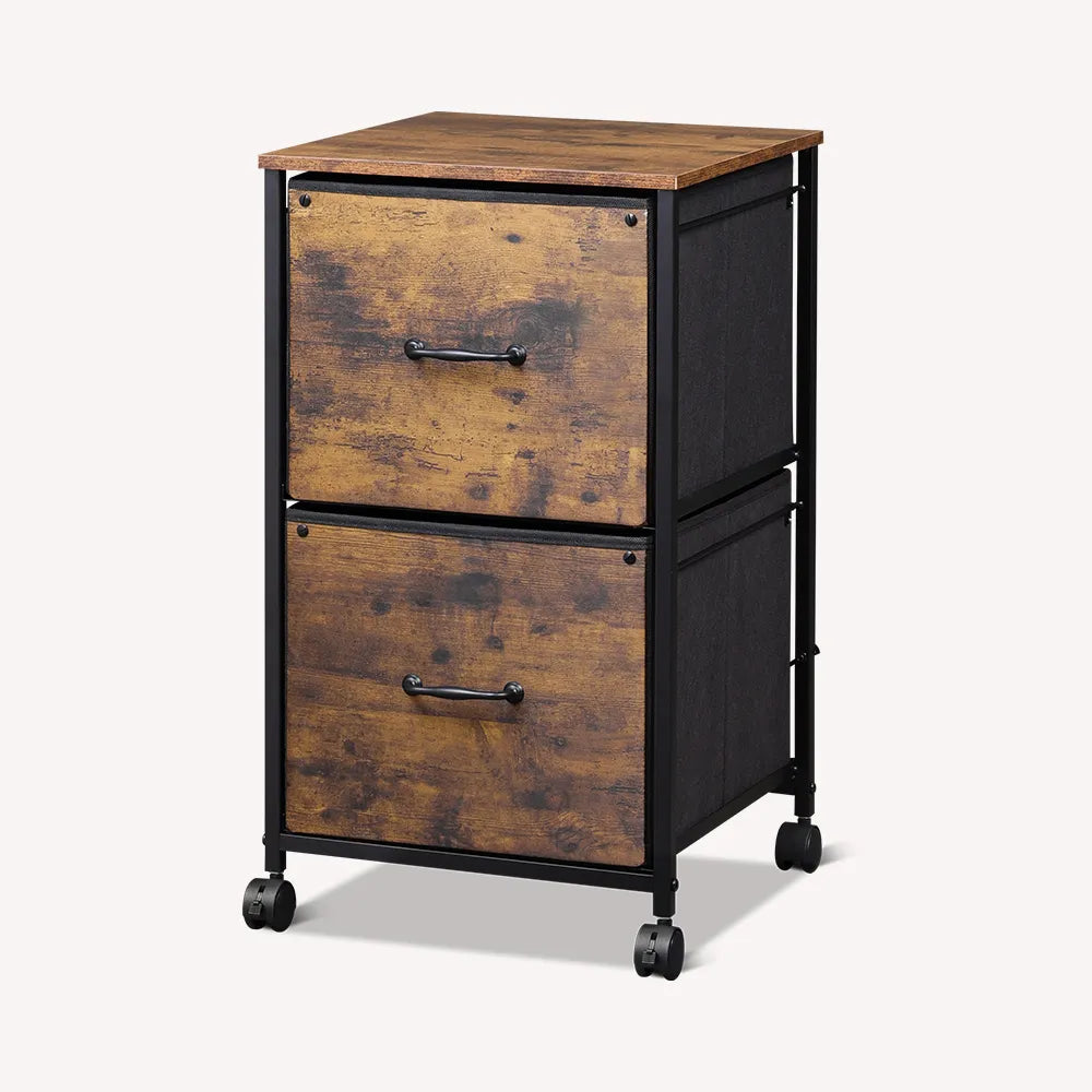 Vertical 2-drawer fabric mobile file cabinet in rustic brown wood grain print