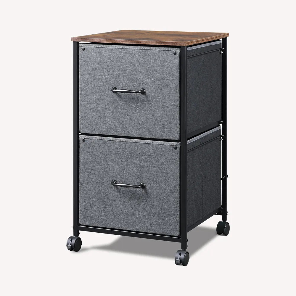 Vertical 2-drawer fabric mobile file cabinet in rustic brown
