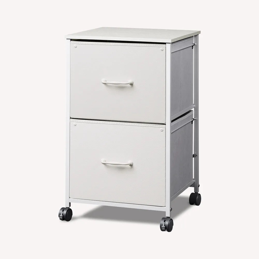 Vertical 2-drawer fabric mobile file cabinet in white