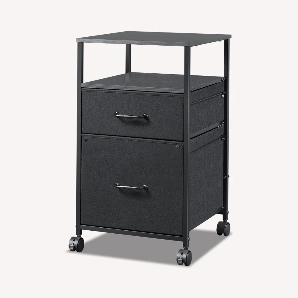 Vertical 2-drawer fabric mobile file cabinet with open shelf in black