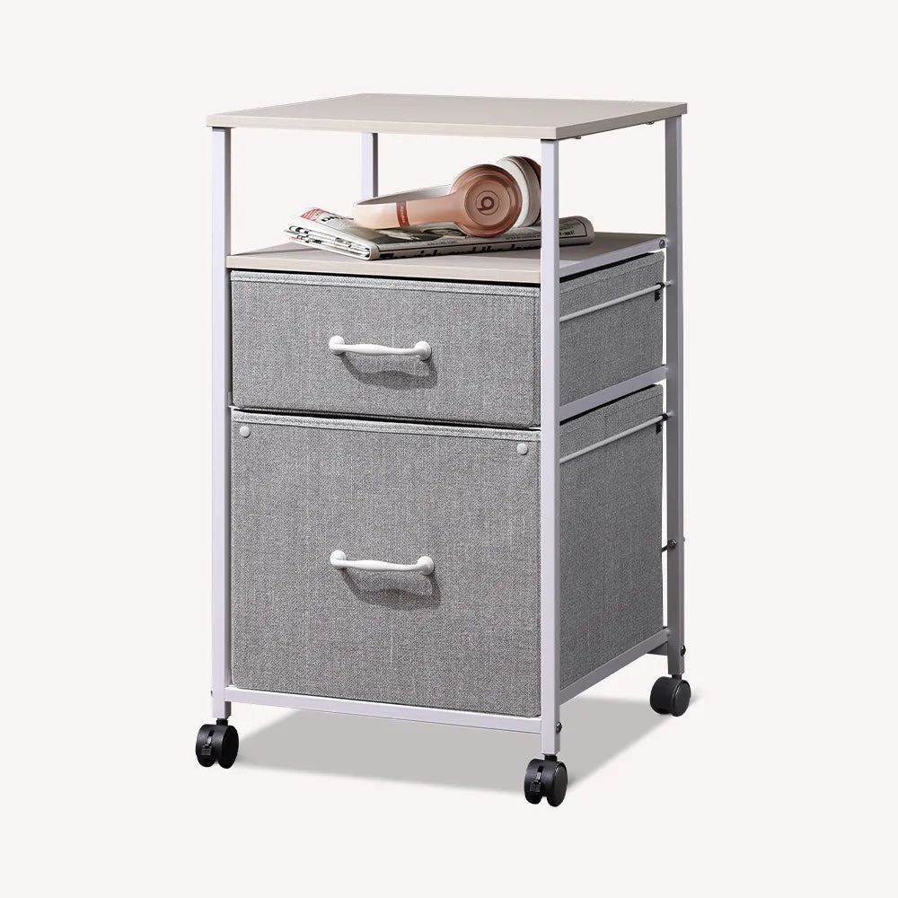 Vertical 2-drawer fabric mobile file cabinet with open shelf in light grey