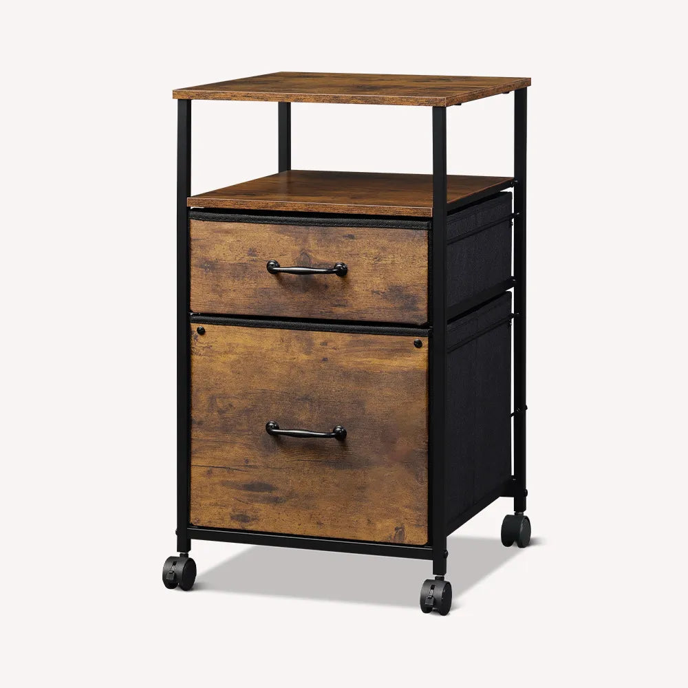 Vertical 2-drawer fabric mobile file cabinet with open shelf in rustic brown wood grain print