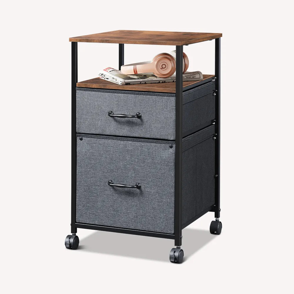 Vertical 2-drawer fabric mobile file cabinet with open shelf in rustic brown