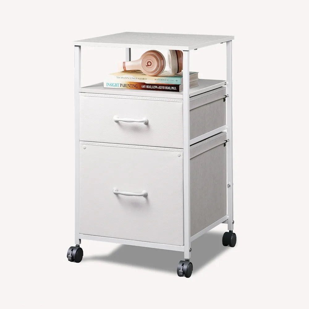 Vertical 2-drawer fabric mobile file cabinet with open shelf in white