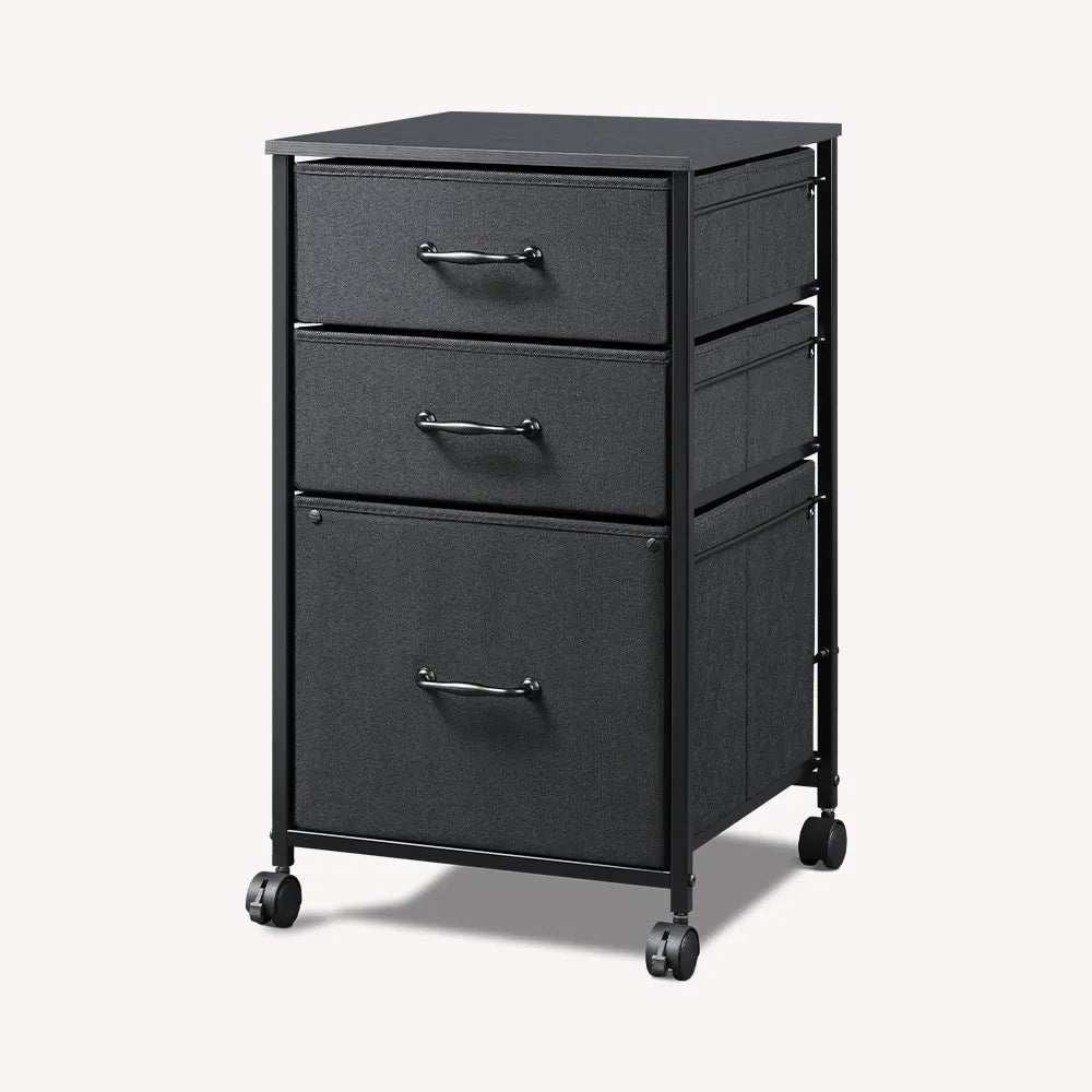 Vertical 3-drawer fabric mobile file cabinet in black