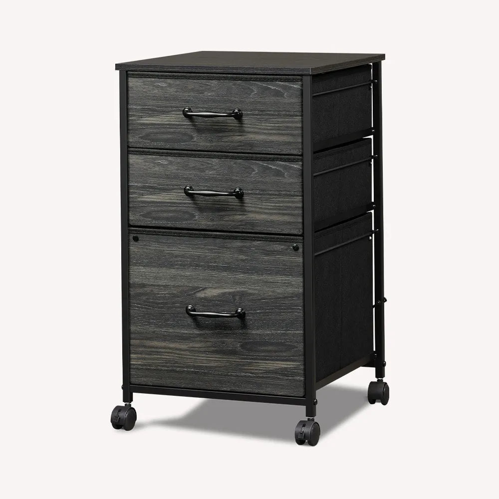 Vertical 3-drawer fabric mobile file cabinet in charcoal black wood grain print