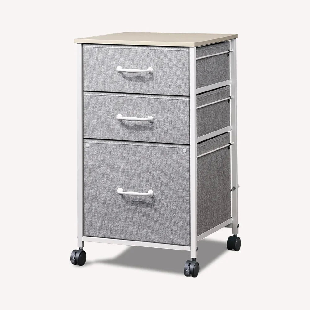Vertical 3-drawer fabric mobile file cabinet in light grey