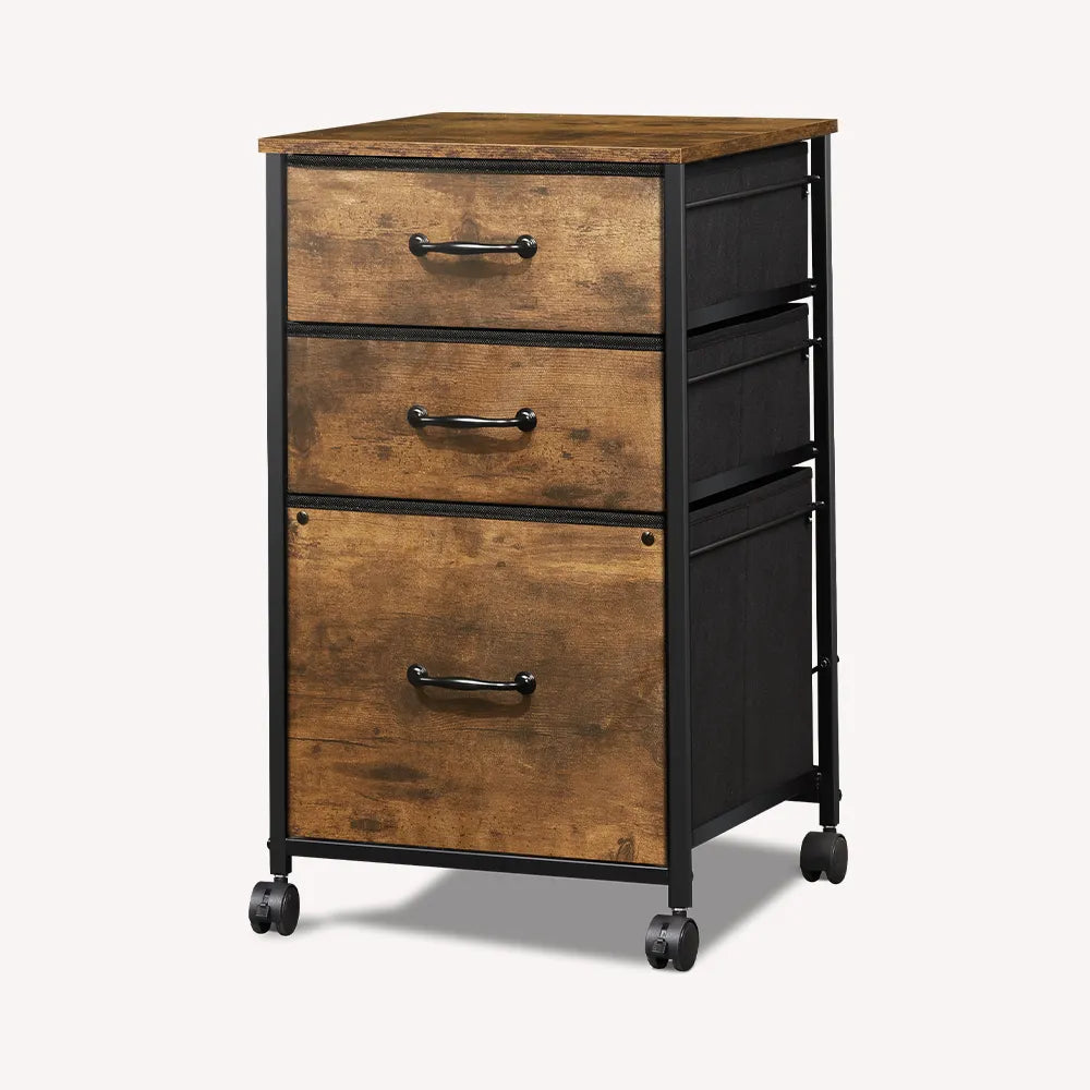 Vertical 3-drawer fabric mobile file cabinet in rustic brown wood grain print