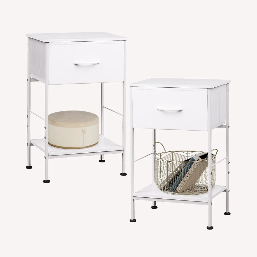 White 1-drawer fabric storage nightstand set of 2
