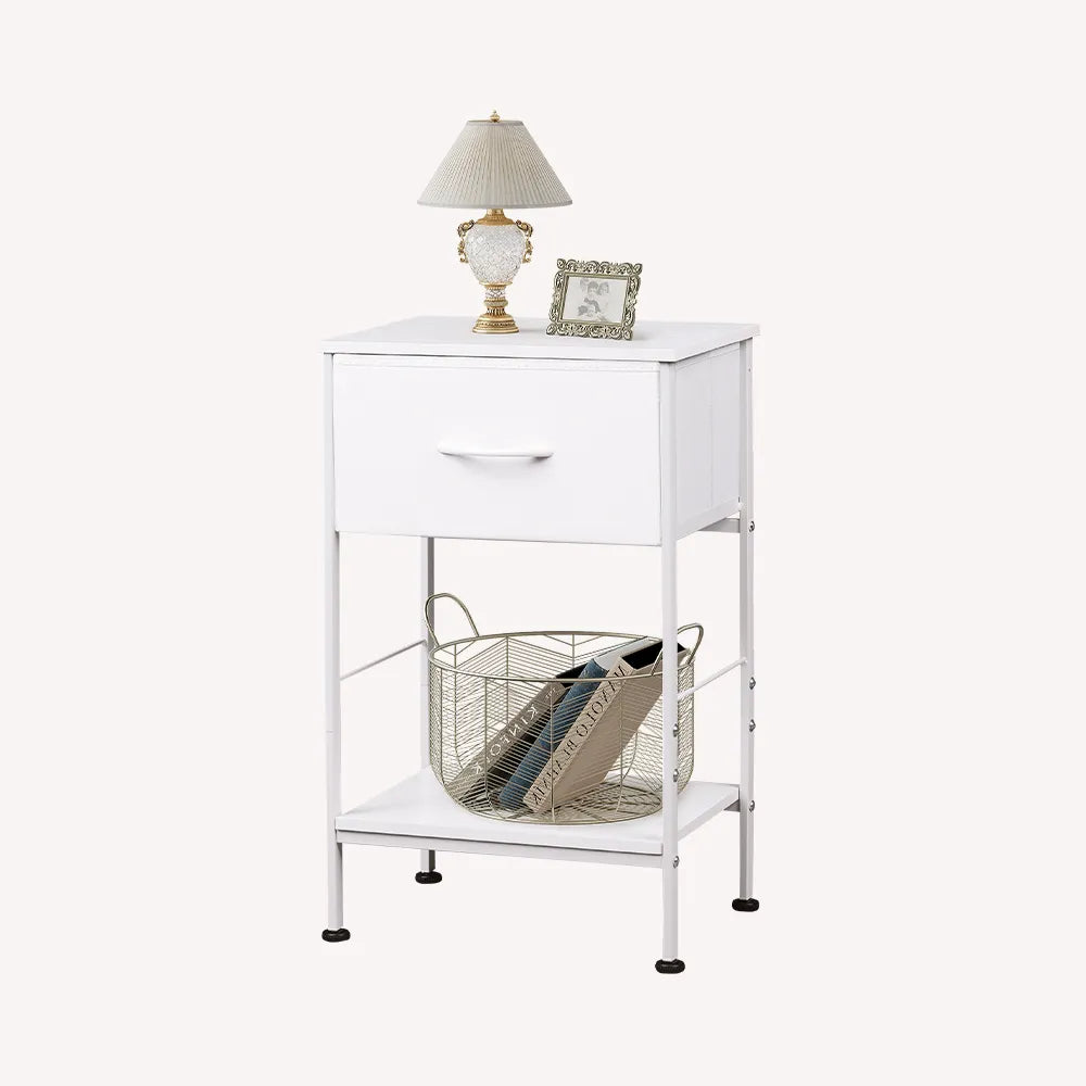 White 1-drawer fabric storage nightstand